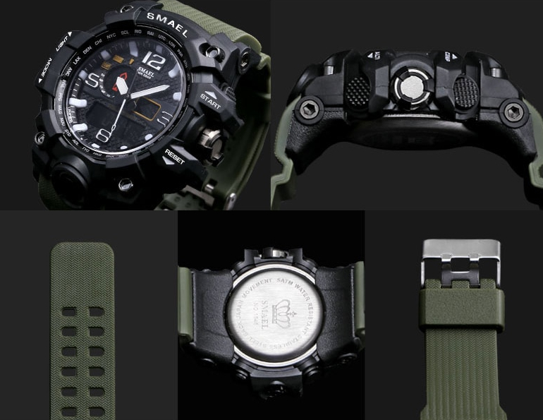 Imagem mostra detalhes do relógio, como o visor, sua lateral, bateria, e extremidades da pulseira.